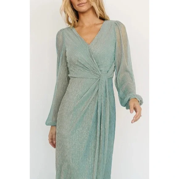 Baltic Born Devlyn Pleated Dress in Blue Sage Shimmer Size L - Picture 2 of 16